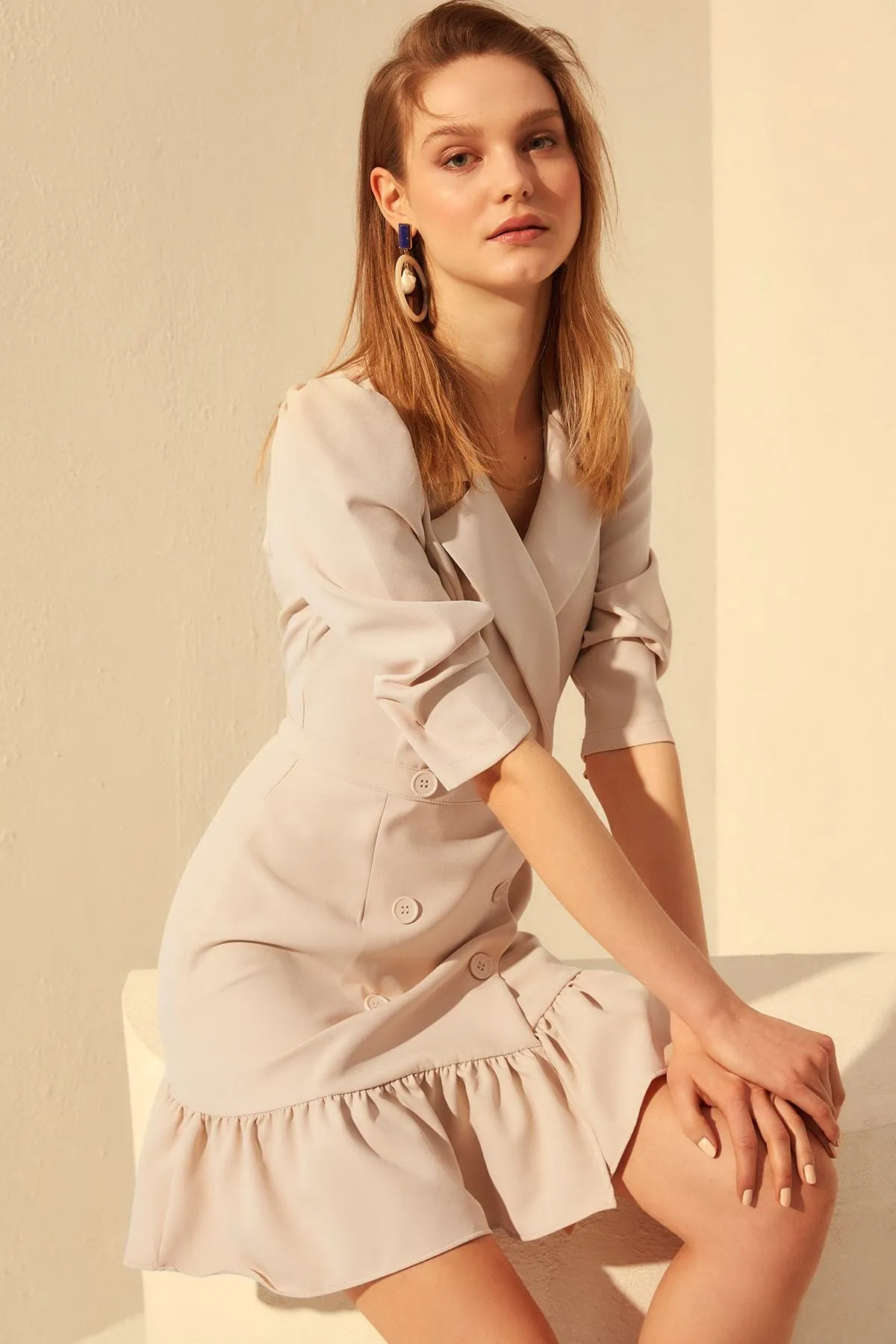 16422 Beige Double Breasted Jacket Dress