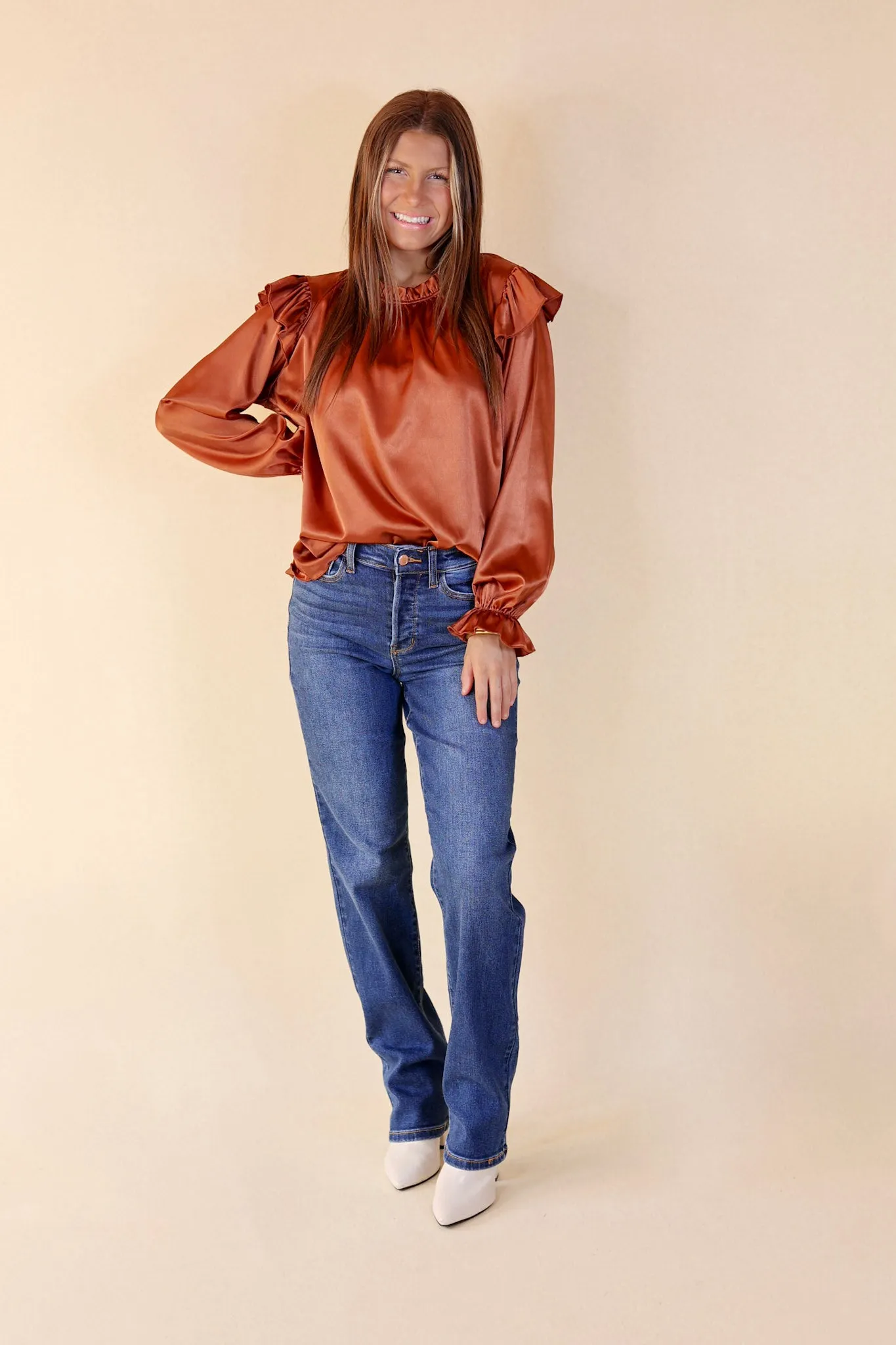 Can't Stop Me Ruffle Mock Neck Long Sleeve Satin Top in Rust Brown